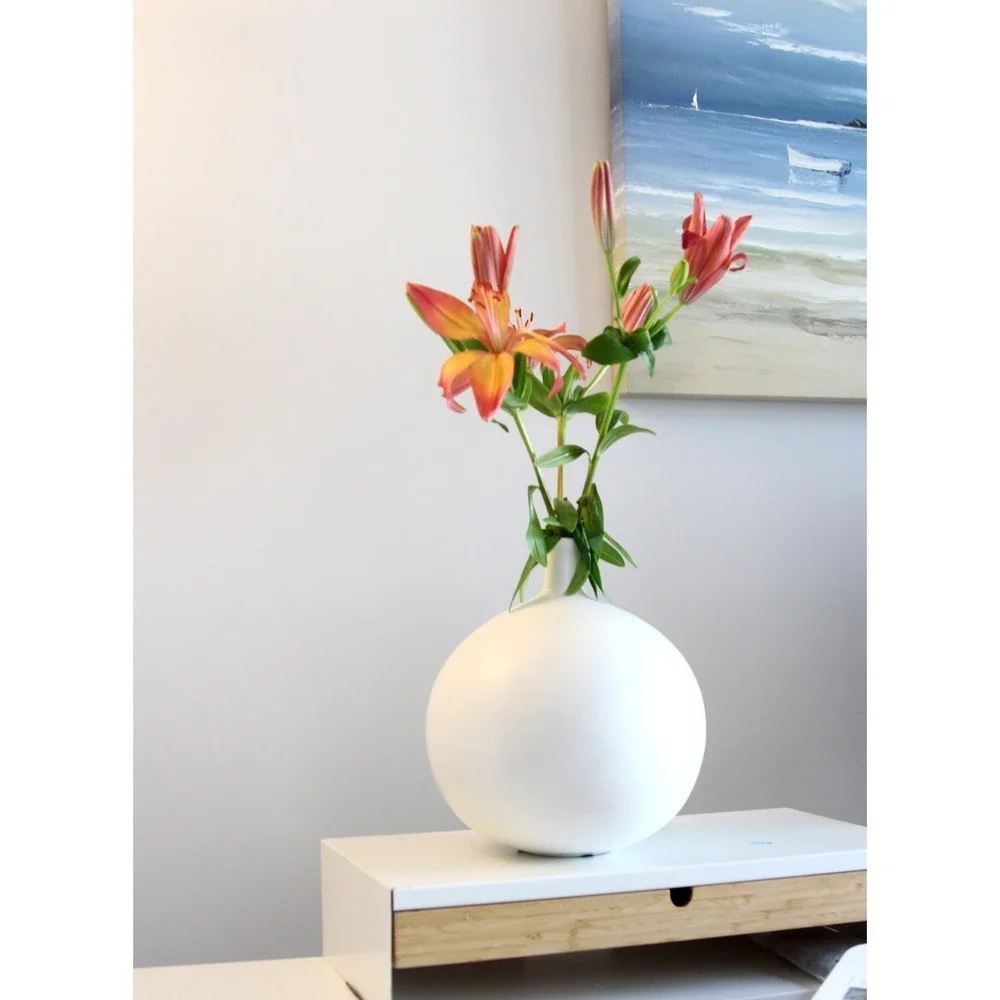 Large Textured‎ Round Ceramic Vase White 10.5